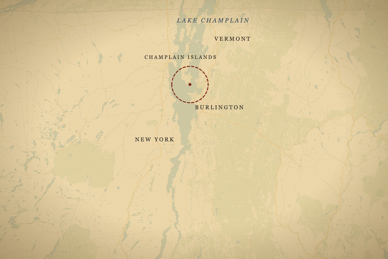 Lake Champlain runs 120 miles along the Vermont–New York border, with Burlington and the Champlain Islands at its northern reach. Map data © OpenStreetMap contributors, tiles © CARTO.