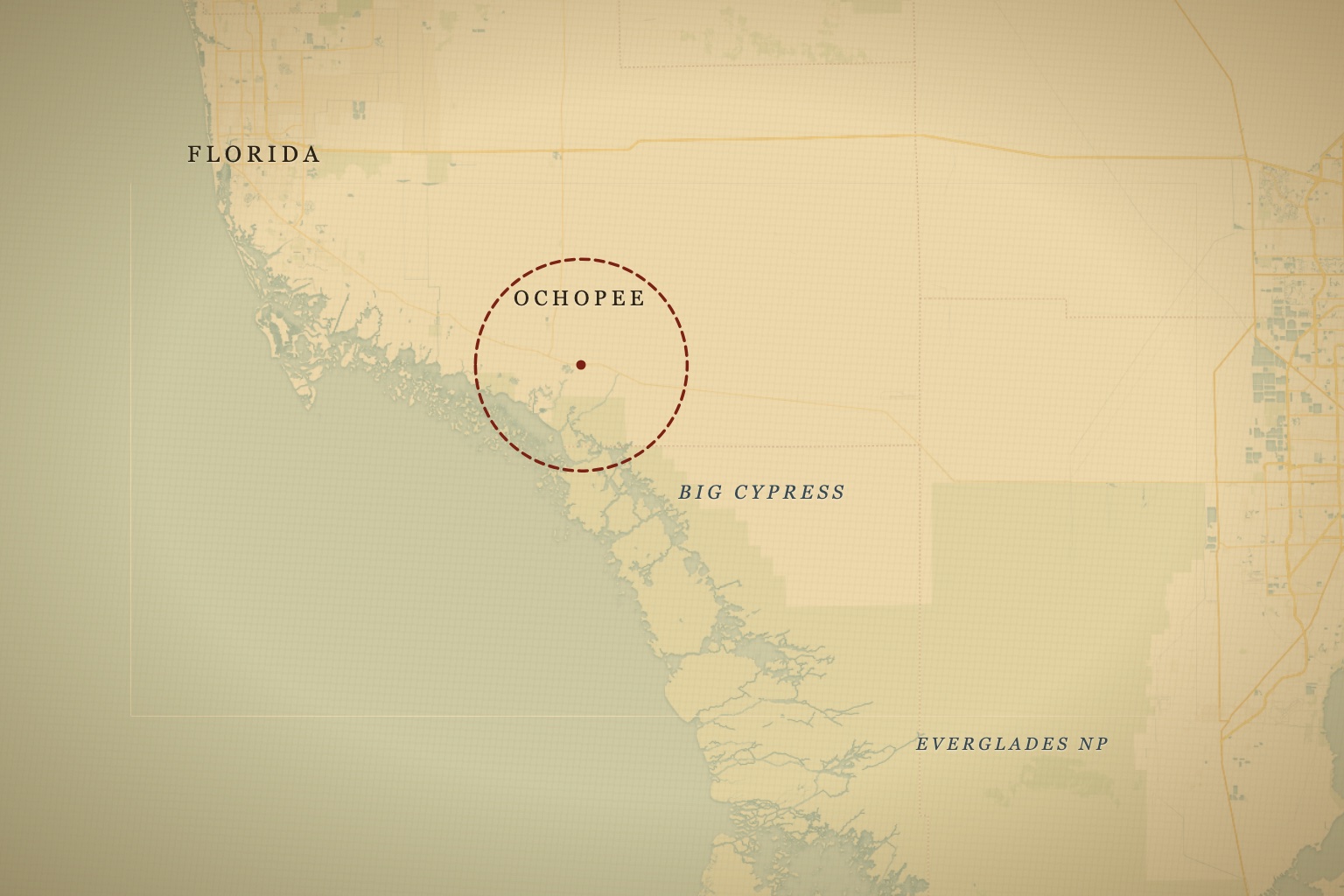The Everglades and Big Cypress region, with the Ochopee corridor at its core. Map data © OpenStreetMap contributors, tiles © CARTO.